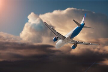 Airplane flight in colored sunset sky