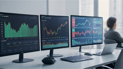 Fototapeta premium An illustration of a robo-advisor interface, with charts and graphs indicating investment strategies and portfolio management. Include a person reviewing their investment portfolio on a device, showin