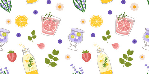 Seamless summer pattern, drinks with citrus, berries, and herbs. Design includes elements like lemons, strawberries, mint leaves, and flowers, perfect for seasonal projects and decorations.