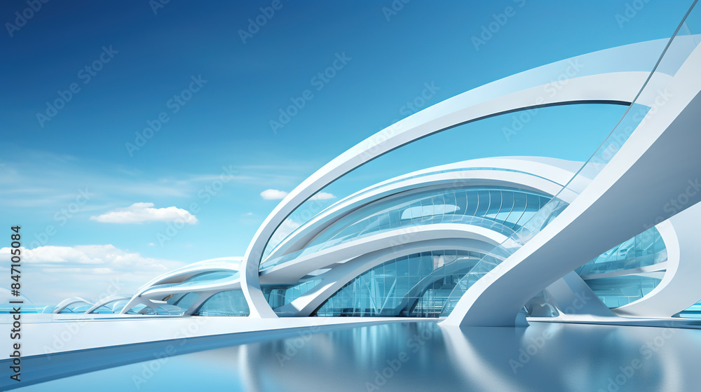 Aufkleber Abstract architecture scene with smooth curves. Abstract background with futuristic building in white and blue colors.
