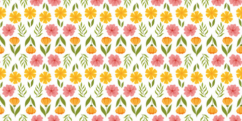 Continuous design pattern with floral elements. Botanical-inspired recurring fabric or wallpaper design with orange flower on stem with leaf, yellow flower, cherry blossom, and leaves.