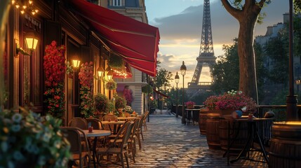 Beautiful Paris night cafe street scene AI generative illustration