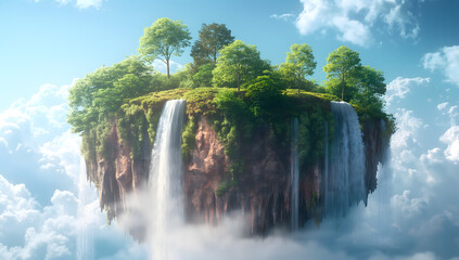 Naklejka premium Enchanting Floating Island Oasis Surrounded by Clouds and Waterfalls
