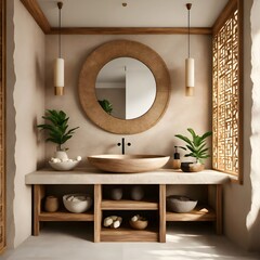 Ultra realistic photo of bali inspired cream stone, light wood furniture © Waqas