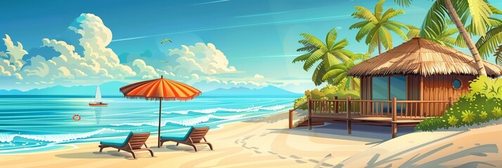 Vector illustration of beautiful scenic landscape of tropical sea beach.