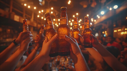 Group Friends Toasting With Beer Bottles in Warm Ambient Light