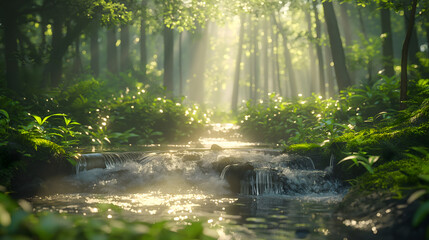 Obraz premium Enchanting Forest Waterfall in Ethereal Morning Light