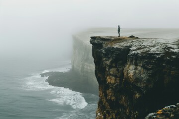 Person standing on cliff edge, enveloped in mist, solitude and contemplation