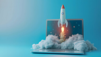 Creative Startup Concept with Rocket Launching from Laptop Screen
