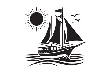 sea boat & sun silhouette vector, sailing boat on the sea