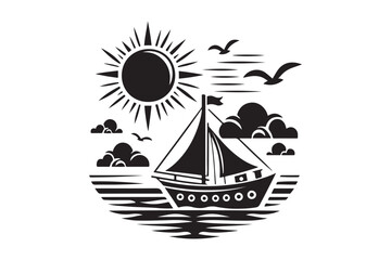 Sea boat & sun silhouette vector, sailing boat on the sea