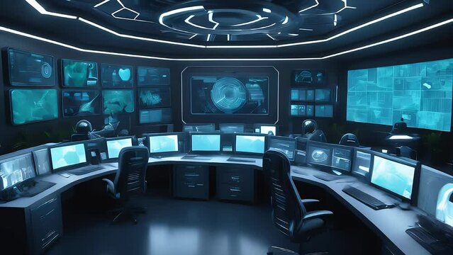a high-tech command center with cybersecurity experts monitoring multiple screens displaying security data and alerts. The environment should convey a serious and vigilant atmosphere.