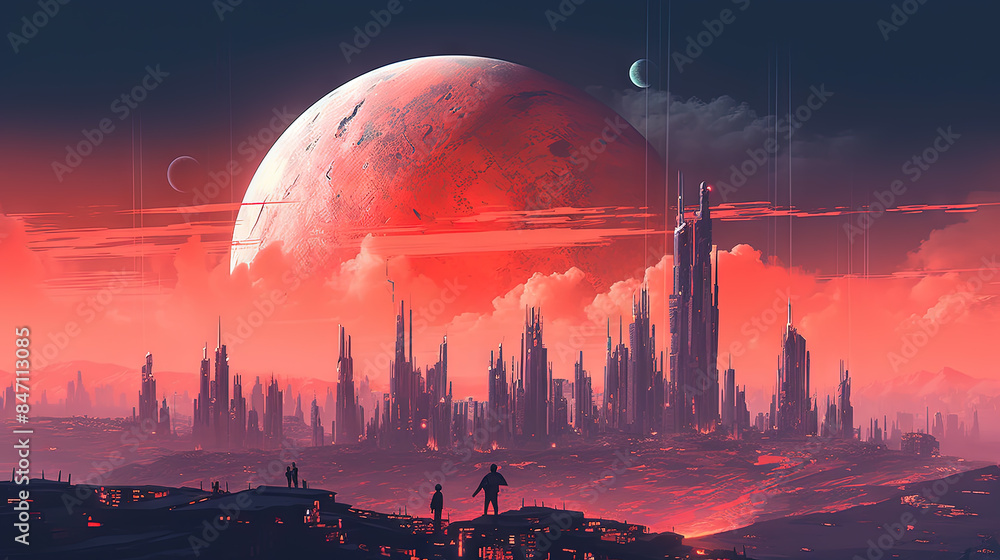 Canvas Prints space landscape on alien planet with mountains and sun in the style of 80s sci-fi book art. - Canvas Prints