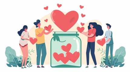 Fototapeta premium Tiny Volunteers collect hearts in a jar, symbolizing charity, donations, and a generous social community. Share your love, hope, and support with others. Vector illustration.