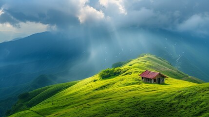 landscape with clouds,small hut in the mountain,Ai generate 