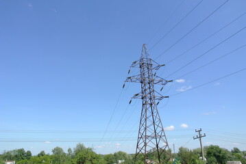 High-voltage power line against the sky.
