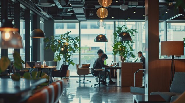 Modern Office Environment with Natural Light and Contemporary Design

Photo of modern office environments featuring natural light, contemporary furniture, and indoor plants, productive and stylish 