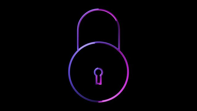 Abstract neon shine lock icon animation with black background.