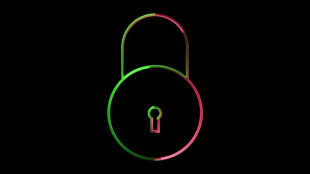 Abstract neon shine lock icon animation with black background.