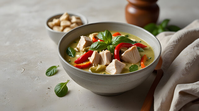 A fragrant Thai green curry with chicken, vegetables, and fresh basil, accompanied by jasmine rice, ideal for promoting authentic Thai cuisine and flavorful dishes