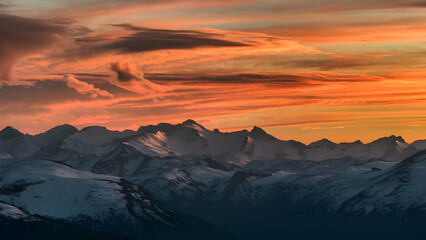Majestic Sunset Snow Capped Peaks Ablaze