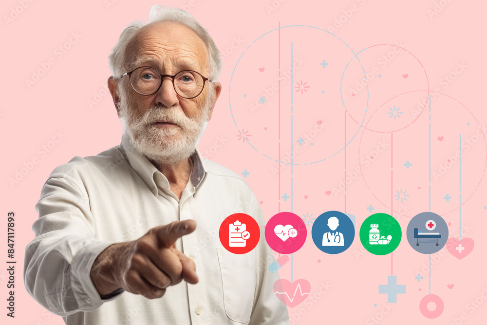 Poster elderly man pointing at a screen with a bunch of icons and a pink background. the icons include a he