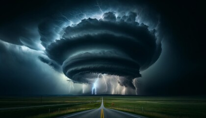 Dramatic supercell storm in with a perfectly spiraling updraft, lightning, thunderstorm clouds, view from a road.