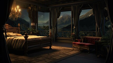 Obraz premium Star Mountain View Suite Interior Reference. AI generated art illustration.