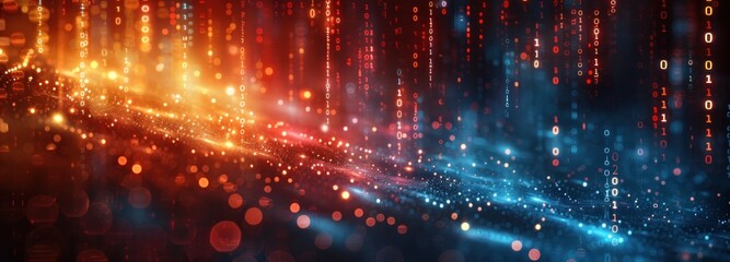 Digital Rain of Binary Code in a Glowing Digital Landscape