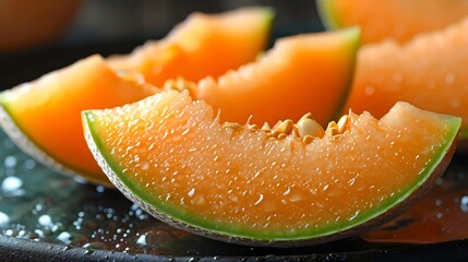 A slice of cantaloupe is shown on a plate