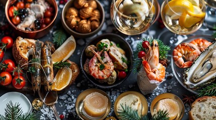 A variety of seafood dishes on the table, including salmon slices, salads, lemons and herbs. Meatless feast