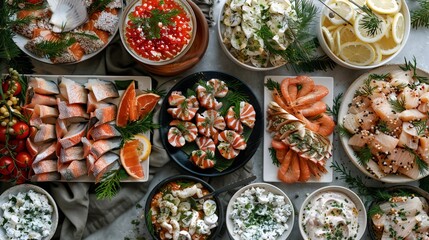 Fototapeta premium A variety of seafood dishes on the table, including salmon slices, salads, lemons and herbs. Meatless feast