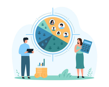 Customer segment analysis of marketing research. Tiny people analyze different segments of pie chart and consumers profiles in target aim, identify and find niche cartoon vector illustration