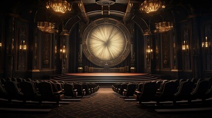 Obraz premium Gold-Accented Home Cinema Interior Reference. AI generated art illustration.