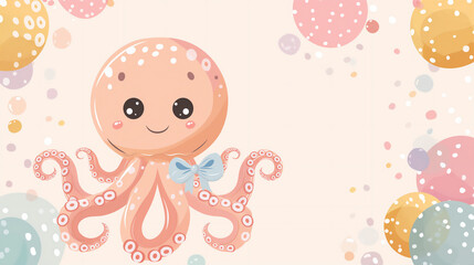 Illustration of cartoon happy orange Baby Octopus with blue Bow on beige background with colourful balloons. Flat design. Banner with copy space. Wallpaper, Poster, Postcard, Print  