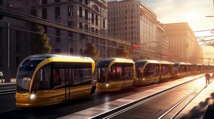 Fototapeta premium A fleet of sleek electric cars driving autonomously through a high-tech urban environment