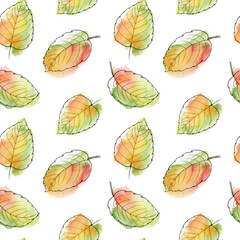 Fototapeta premium Autumn seamless pattern with watercolor colorful leaves. For design backgrounds, wallpapers, packaging, wrapping paper, covers, posters, textile prints.