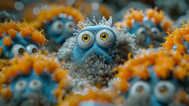 Close up view of menacing cartoon microbes infesting a dirty and grimy carpet surface