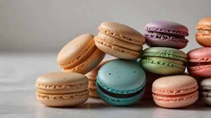 Obraz premium An assortment of gourmet macarons in various flavors and pastel colors, arranged in an elegant pattern on a solid white background with lots of copy space.