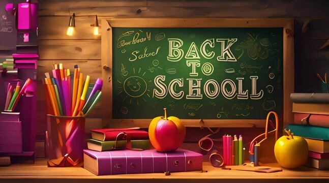 Back to school text animation with lights and decorations, 4K resolution footage, generated ai