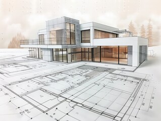 Diagrammatic drawing of a modern architectural blueprint for a residential house, including floor plans, elevations, and structural details with measurements 