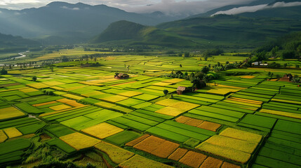 Farm with green and yellow fields and mountains