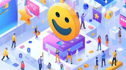 Obraz premium The customer selects a smiling emoticon in a satisfaction survey, giving positive feedback for excellent products and services. Isometric vector illustration.