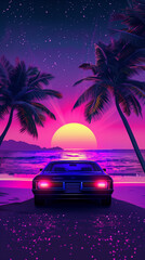 illustration of an 80's car on the beach at sunset in retro style purple neon