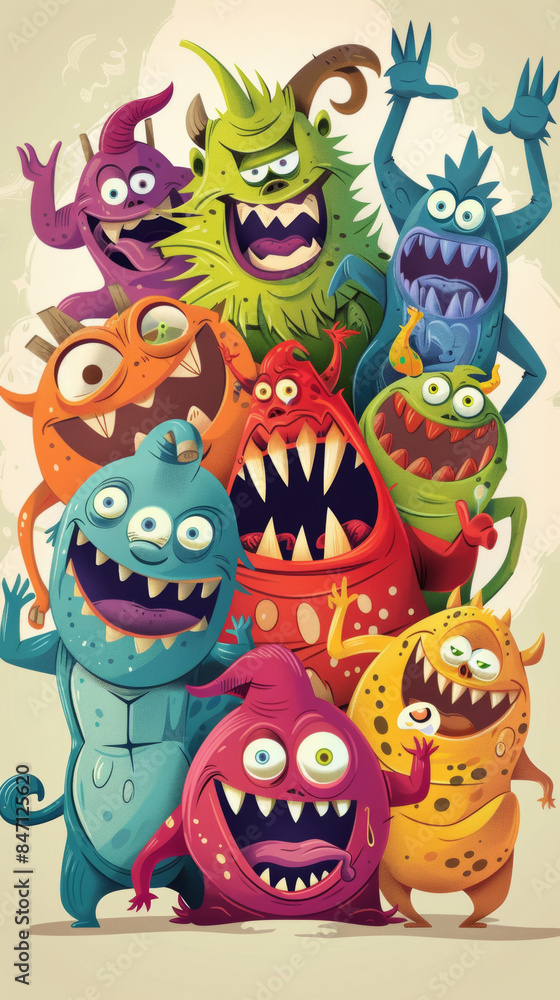 Poster a group of cartoon monsters with their arms in the air