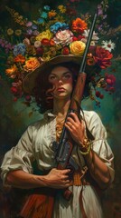 Fototapeta premium A painting of a woman holding a rifle