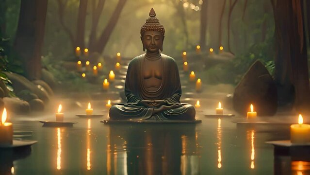 buddha statue in the middle of swamp with meditation pose surrounded with candle lights