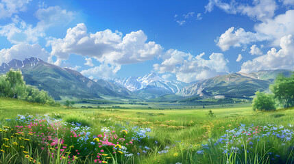 Meadow with wildflowers and distant mountains under a blue sky with fluffy clouds
