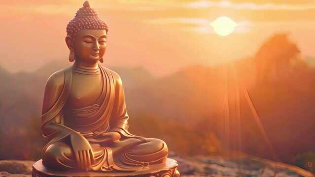 buddha statue with meditation pose for Buddhist festival  with mountain and sun in the background