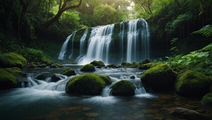 refreshing scene of a waterfall hidden in a lush forest.